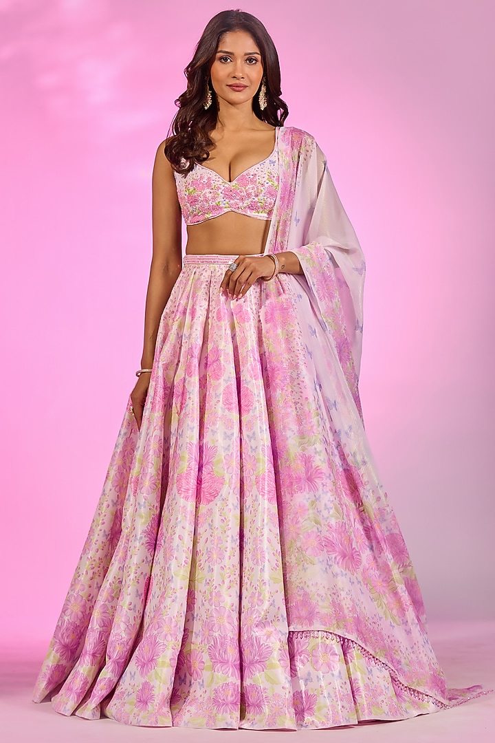 Baby Pink Crystal Fabric Floral Printed & Hand Embroidered Wedding Lehenga Set by LABEL PRIYANKA KAR at Pernia's Pop Up Shop