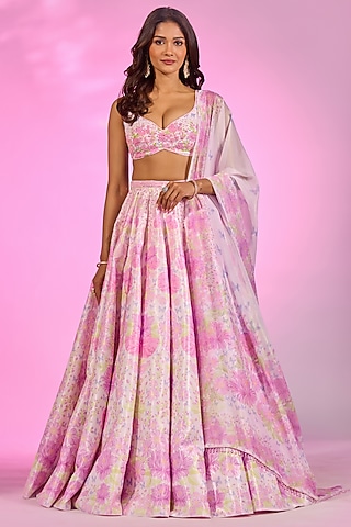 Baby Pink Crystal Fabric Floral Printed & Hand Embroidered Lehenga Set by LABEL PRIYANKA KAR