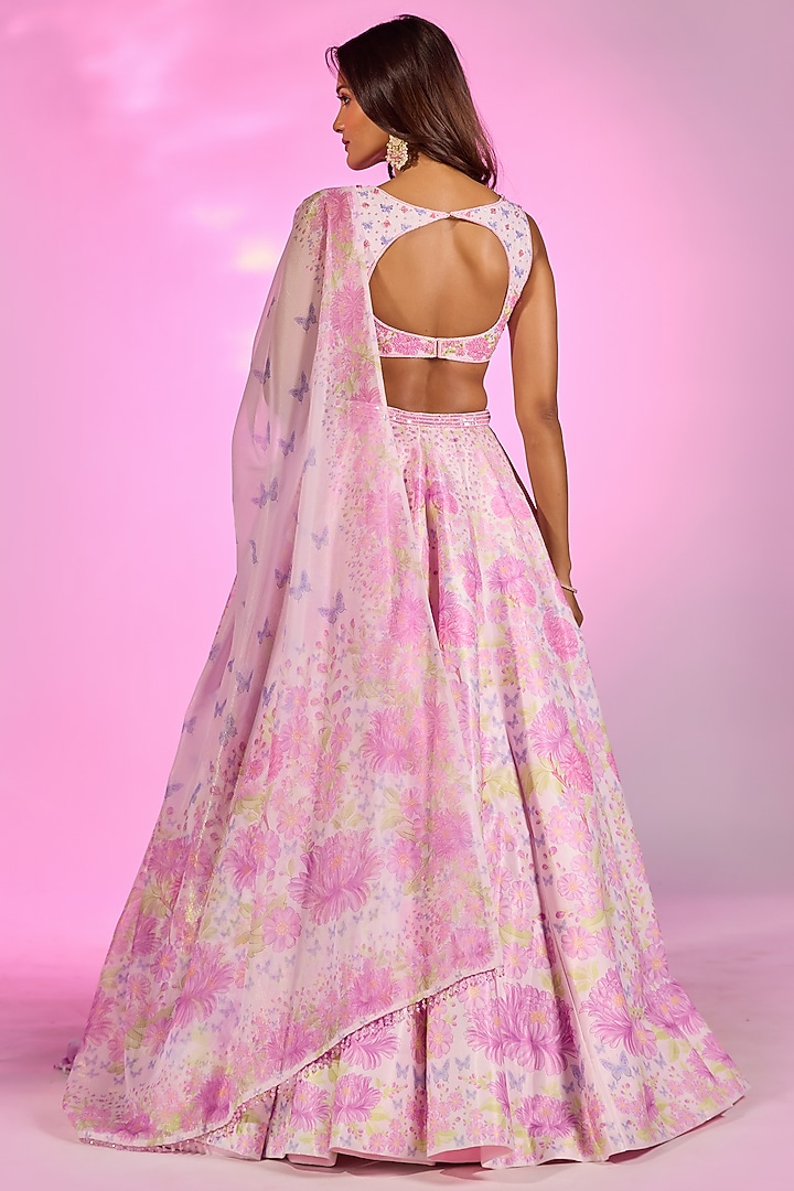 Baby Pink Crystal Fabric Floral Printed & Hand Embroidered Wedding Lehenga Set by LABEL PRIYANKA KAR at Pernia's Pop Up Shop