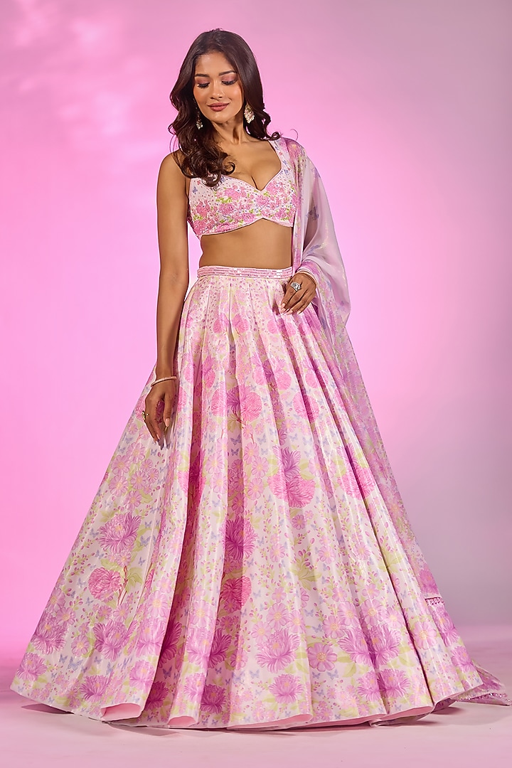 Baby Pink Crystal Fabric Floral Printed & Hand Embroidered Wedding Lehenga Set by LABEL PRIYANKA KAR at Pernia's Pop Up Shop