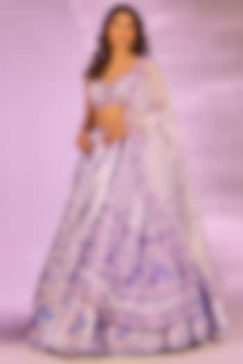 Lilac Crystal Fabric Floral Printed & Hand Embroidered Wedding Lehenga Set by LABEL PRIYANKA KAR at Pernia's Pop Up Shop