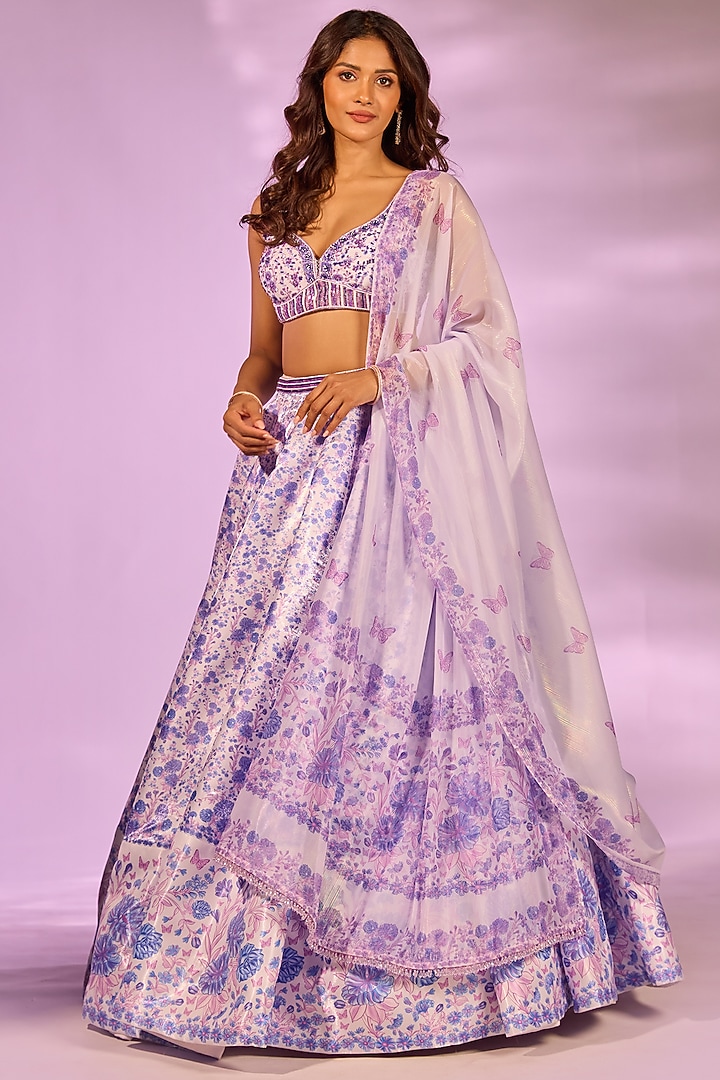 Lilac Crystal Fabric Floral Printed & Hand Embroidered Wedding Lehenga Set by LABEL PRIYANKA KAR at Pernia's Pop Up Shop