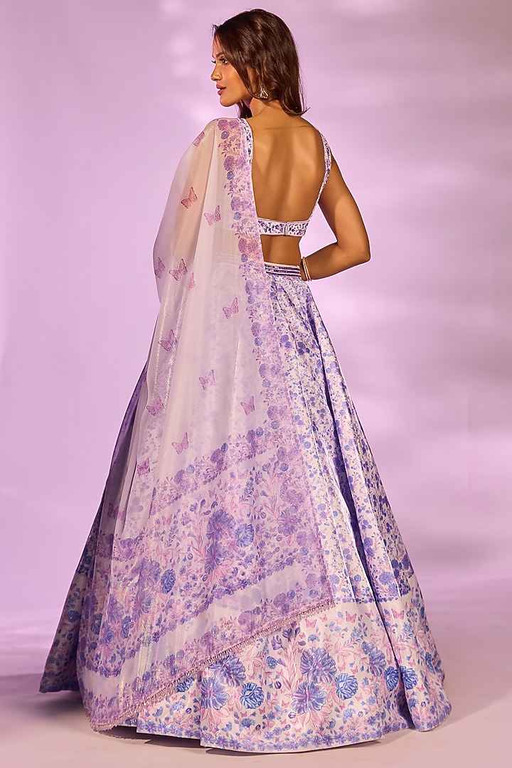 Lilac Crystal Fabric Floral Printed & Hand Embroidered Wedding Lehenga Set by LABEL PRIYANKA KAR at Pernia's Pop Up Shop