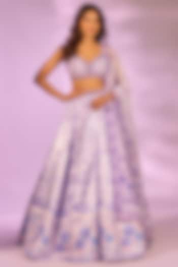 Lilac Crystal Fabric Floral Printed & Hand Embroidered Wedding Lehenga Set by LABEL PRIYANKA KAR at Pernia's Pop Up Shop