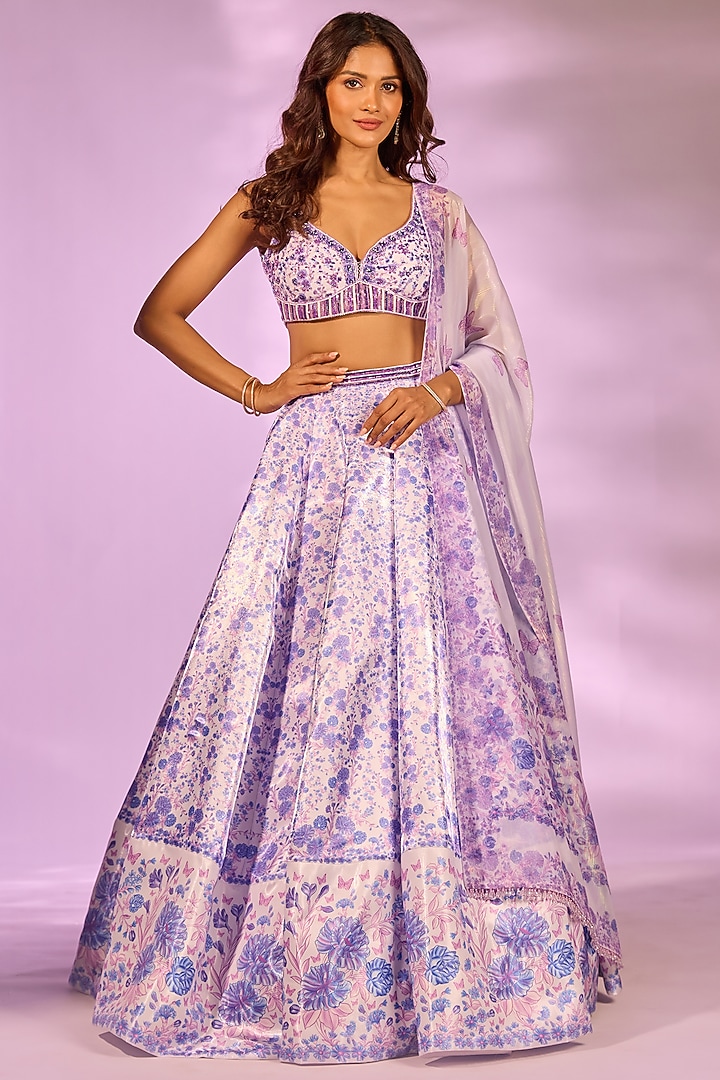 Lilac Crystal Fabric Floral Printed & Hand Embroidered Wedding Lehenga Set by LABEL PRIYANKA KAR at Pernia's Pop Up Shop