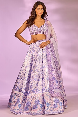 Lilac Crystal Fabric Floral Printed & Hand Embroidered Lehenga Set by LABEL PRIYANKA KAR