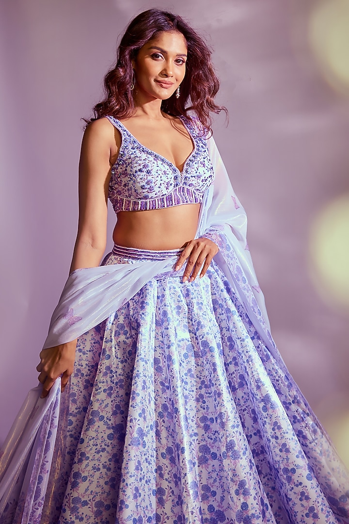 Lilac Crystal Fabric Floral Printed & Hand Embroidered Wedding Lehenga Set by LABEL PRIYANKA KAR at Pernia's Pop Up Shop