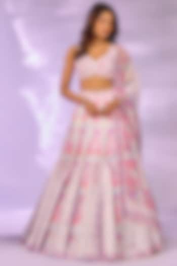 Pink Crystal Fabric Floral Printed & Hand Embroidered Wedding Lehenga Set by LABEL PRIYANKA KAR at Pernia's Pop Up Shop
