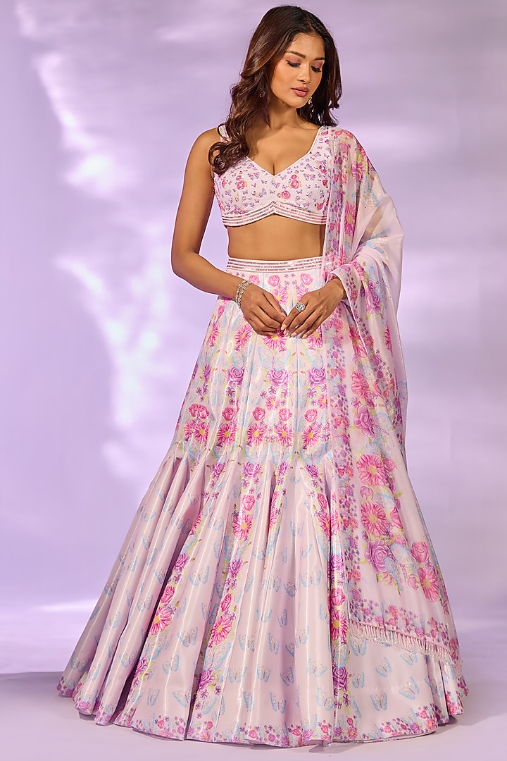 Pink Crystal Fabric Floral Printed & Hand Embroidered Wedding Lehenga Set by LABEL PRIYANKA KAR at Pernia's Pop Up Shop