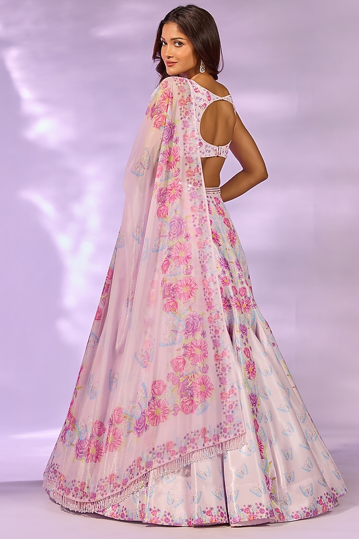 Pink Crystal Fabric Floral Printed & Hand Embroidered Wedding Lehenga Set by LABEL PRIYANKA KAR at Pernia's Pop Up Shop