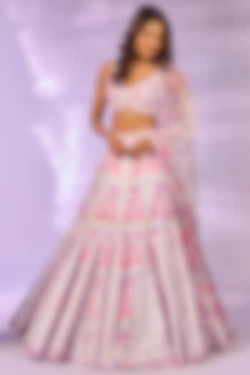 Pink Crystal Fabric Floral Printed & Hand Embroidered Wedding Lehenga Set by LABEL PRIYANKA KAR at Pernia's Pop Up Shop