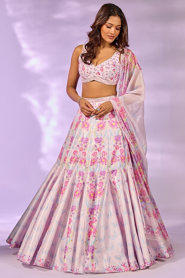 Pink Crystal Fabric Floral Printed & Hand Embroidered Wedding Lehenga Set by LABEL PRIYANKA KAR at Pernia's Pop Up Shop