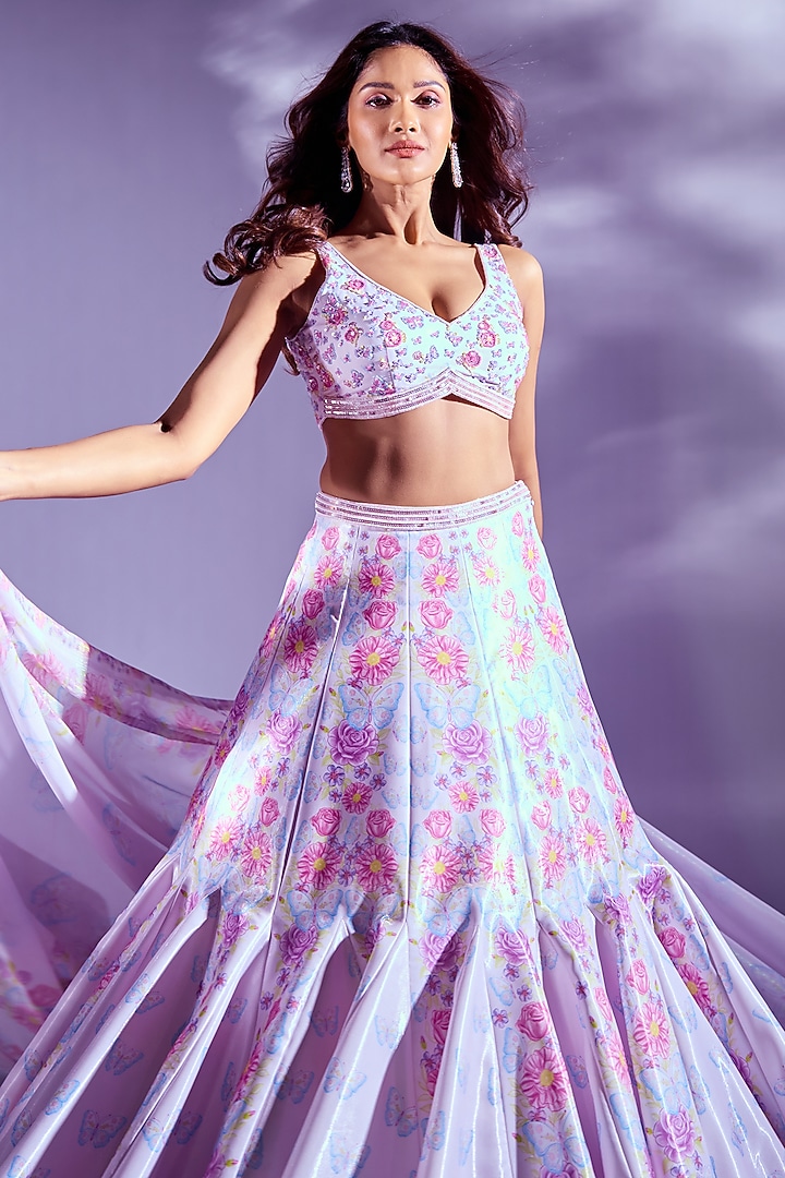 Pink Crystal Fabric Floral Printed & Hand Embroidered Wedding Lehenga Set by LABEL PRIYANKA KAR at Pernia's Pop Up Shop