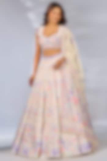 Ivory Crystal Fabric Floral Printed & Hand Embroidered Wedding Lehenga Set by LABEL PRIYANKA KAR at Pernia's Pop Up Shop