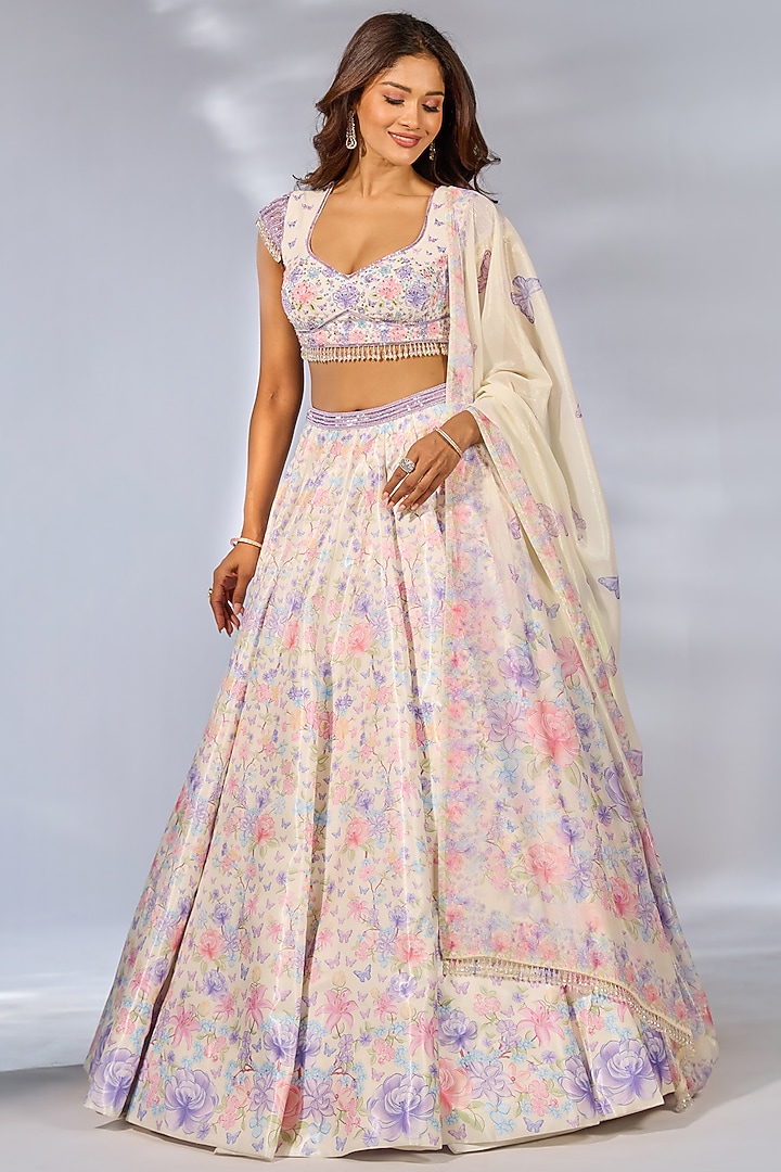 Ivory Crystal Fabric Floral Printed & Hand Embroidered Wedding Lehenga Set by LABEL PRIYANKA KAR at Pernia's Pop Up Shop