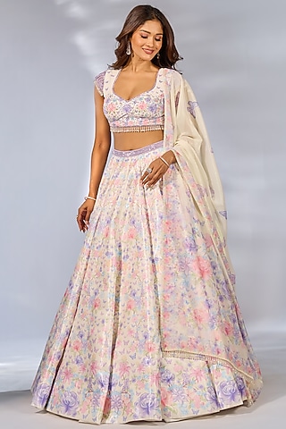 Ivory Crystal Fabric Floral Printed & Hand Embroidered Lehenga Set by LABEL PRIYANKA KAR