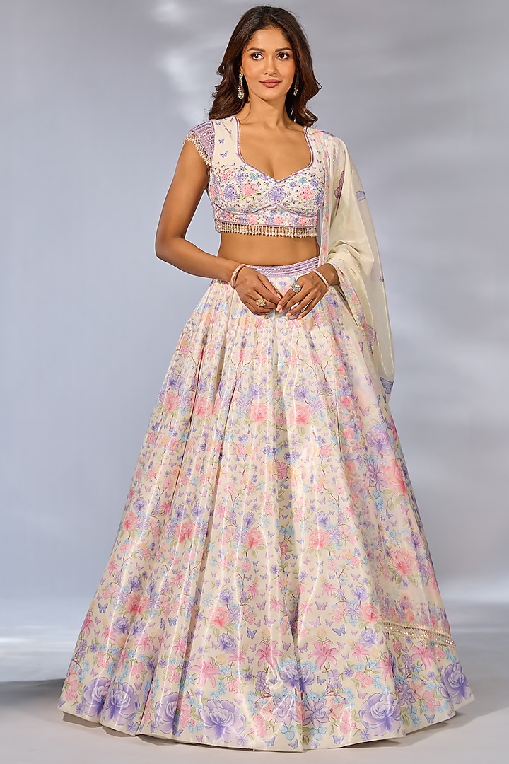 Ivory Crystal Fabric Floral Printed & Hand Embroidered Wedding Lehenga Set by LABEL PRIYANKA KAR at Pernia's Pop Up Shop
