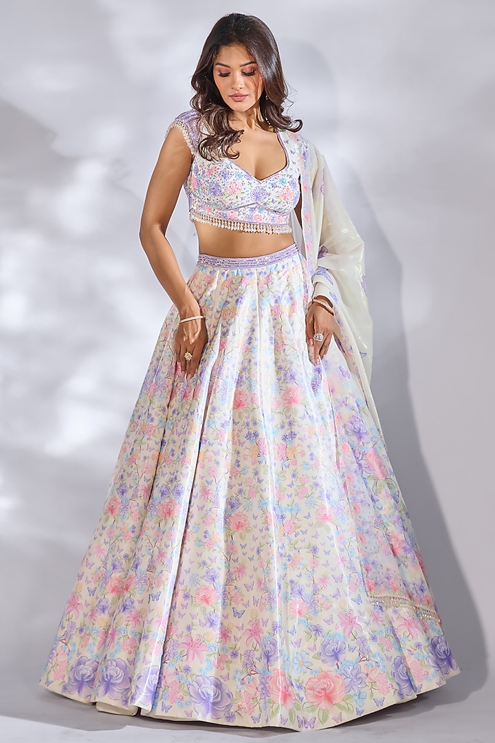 Ivory Crystal Fabric Floral Printed & Hand Embroidered Wedding Lehenga Set by LABEL PRIYANKA KAR at Pernia's Pop Up Shop