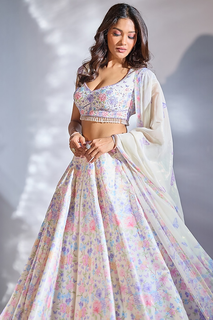 Ivory Crystal Fabric Floral Printed & Hand Embroidered Wedding Lehenga Set by LABEL PRIYANKA KAR at Pernia's Pop Up Shop