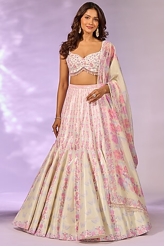 Yellow Crystal Fabric Floral Printed & Hand Embroidered Lehenga Set by LABEL PRIYANKA KAR