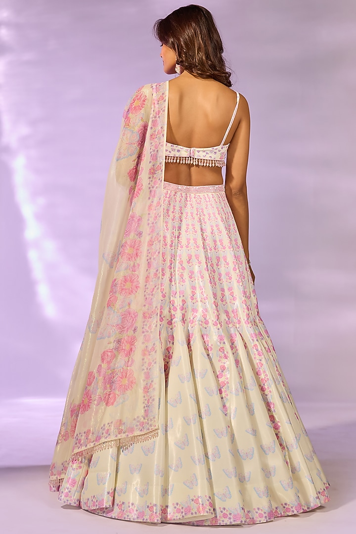 Yellow Crystal Fabric Floral Printed & Hand Embroidered Wedding Lehenga Set by LABEL PRIYANKA KAR at Pernia's Pop Up Shop