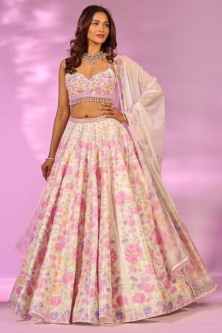Ivory & Pink Crystal Fabric Floral Printed Wedding Lehenga Set by LABEL PRIYANKA KAR at Pernia's Pop Up Shop