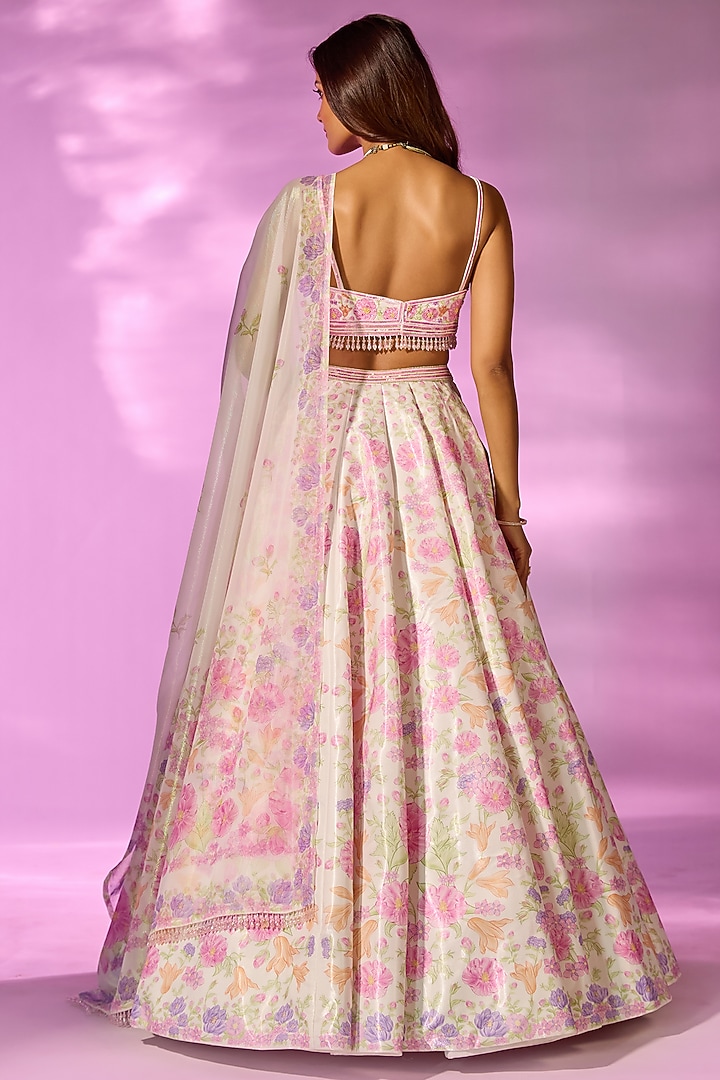 Ivory & Pink Crystal Fabric Floral Printed Wedding Lehenga Set by LABEL PRIYANKA KAR at Pernia's Pop Up Shop