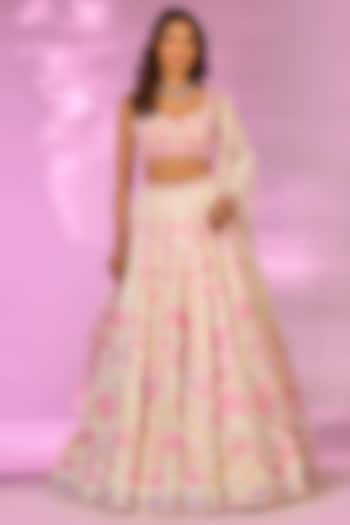 Ivory & Pink Crystal Fabric Floral Printed Wedding Lehenga Set by LABEL PRIYANKA KAR at Pernia's Pop Up Shop