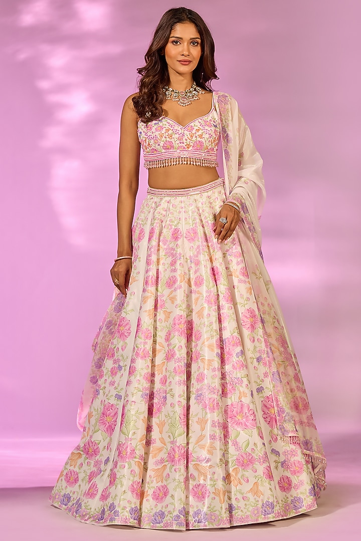 Ivory & Pink Crystal Fabric Floral Printed Wedding Lehenga Set by LABEL PRIYANKA KAR at Pernia's Pop Up Shop