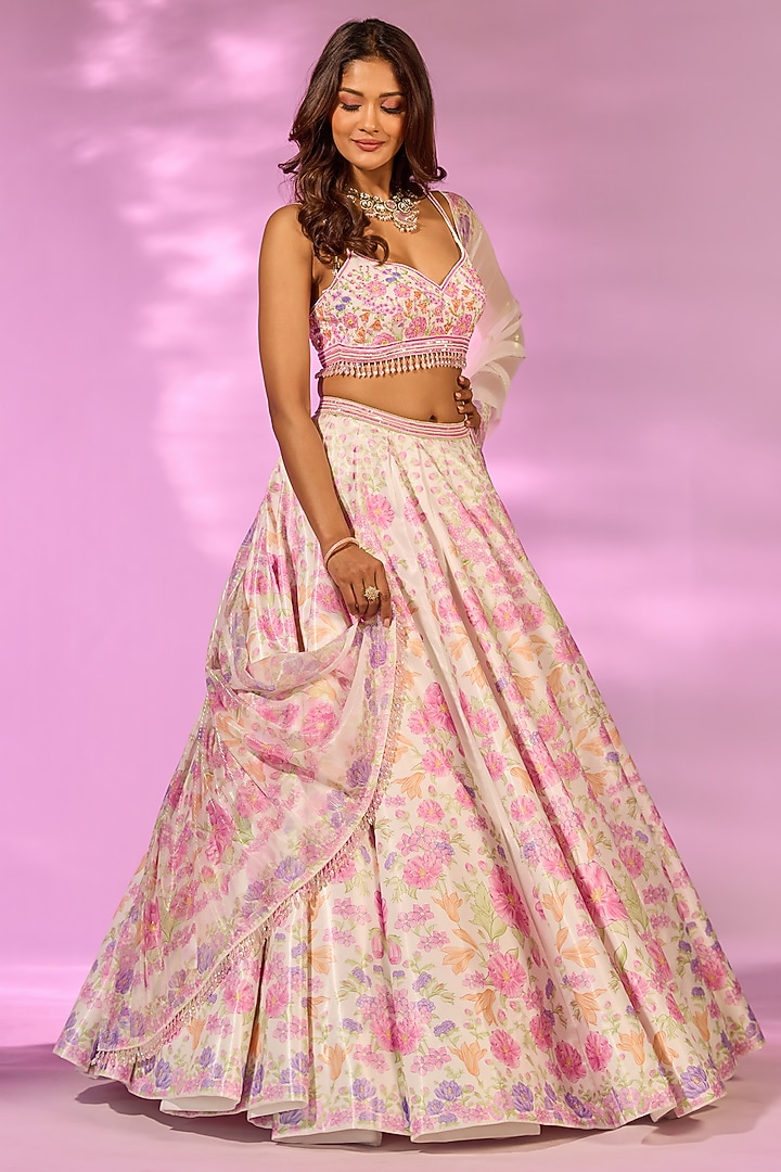 Ivory & Pink Crystal Fabric Floral Printed Wedding Lehenga Set by LABEL PRIYANKA KAR at Pernia's Pop Up Shop
