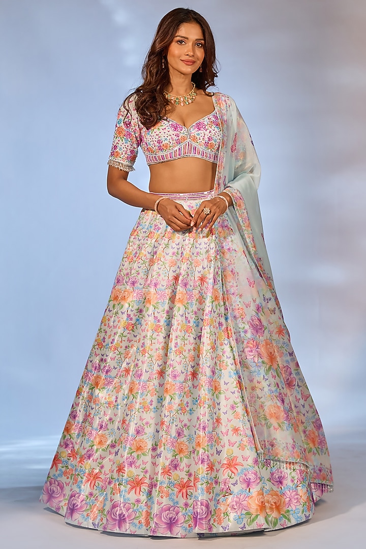 Sky Blue Crystal Fabric Floral Printed & Hand Embroidered Wedding Lehenga Set by LABEL PRIYANKA KAR at Pernia's Pop Up Shop