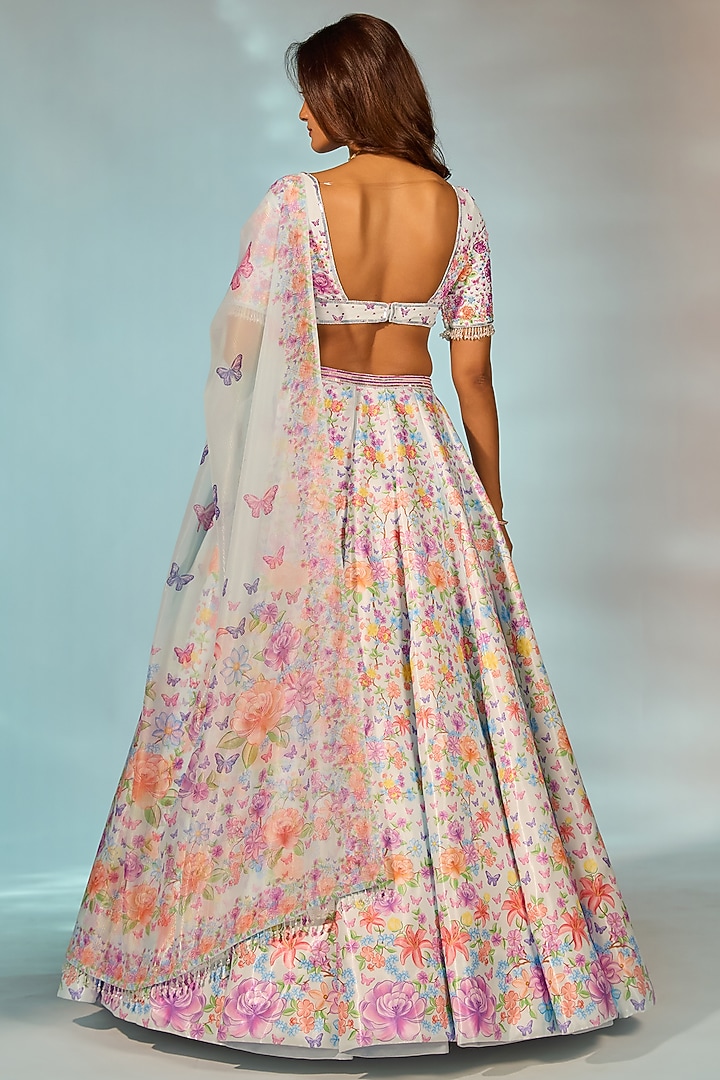 Sky Blue Crystal Fabric Floral Printed & Hand Embroidered Wedding Lehenga Set by LABEL PRIYANKA KAR at Pernia's Pop Up Shop