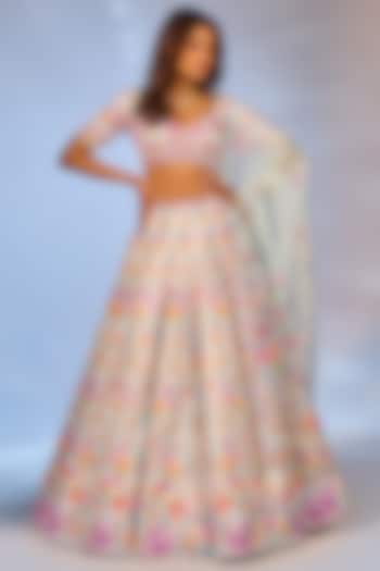 Sky Blue Crystal Fabric Floral Printed & Hand Embroidered Wedding Lehenga Set by LABEL PRIYANKA KAR at Pernia's Pop Up Shop