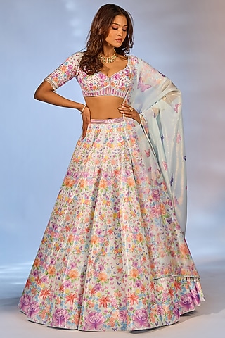 Sky Blue Crystal Fabric Floral Printed & Hand Embroidered Lehenga Set by LABEL PRIYANKA KAR