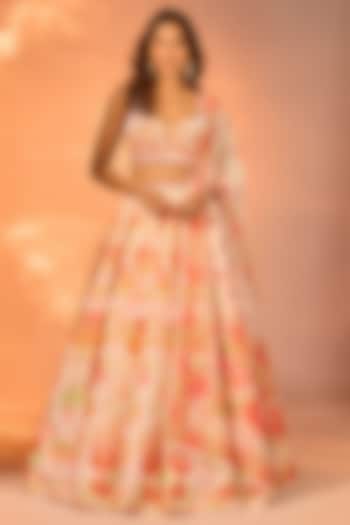 Orange Crystal Fabric Floral Printed & Hand Embroidered Wedding Lehenga Set by LABEL PRIYANKA KAR at Pernia's Pop Up Shop