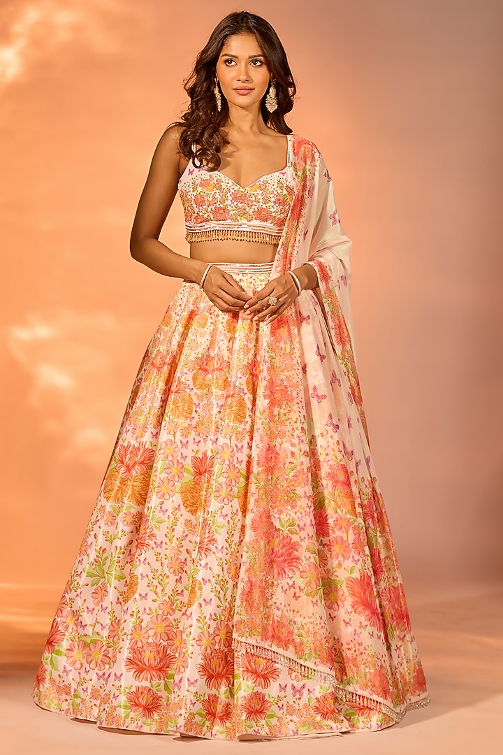Orange Crystal Fabric Floral Printed & Hand Embroidered Wedding Lehenga Set by LABEL PRIYANKA KAR at Pernia's Pop Up Shop