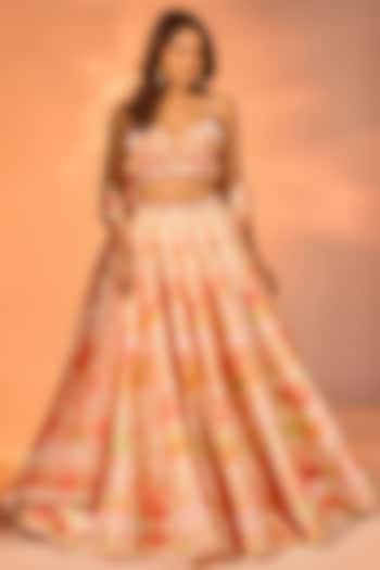 Orange Crystal Fabric Floral Printed & Hand Embroidered Wedding Lehenga Set by LABEL PRIYANKA KAR at Pernia's Pop Up Shop