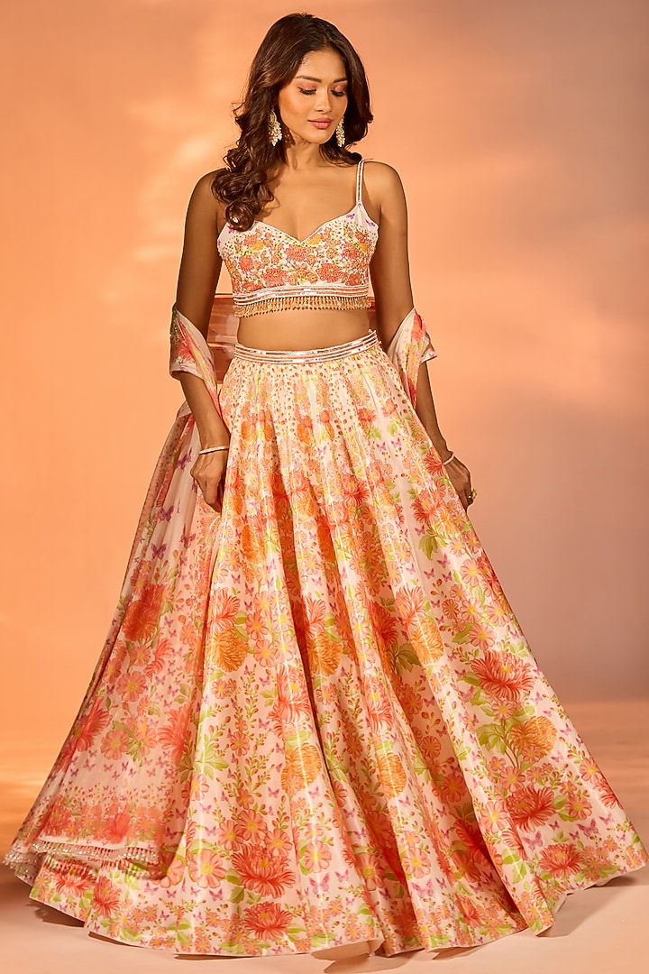 Orange Crystal Fabric Floral Printed & Hand Embroidered Wedding Lehenga Set by LABEL PRIYANKA KAR at Pernia's Pop Up Shop