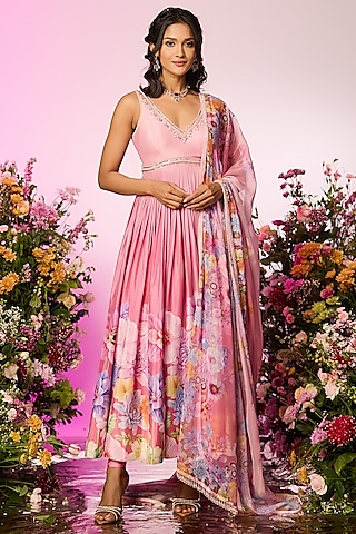 Pink Chinon Chiffon Floral Printed & Embellished Anarkali Set by LABEL PRIYANKA KAR