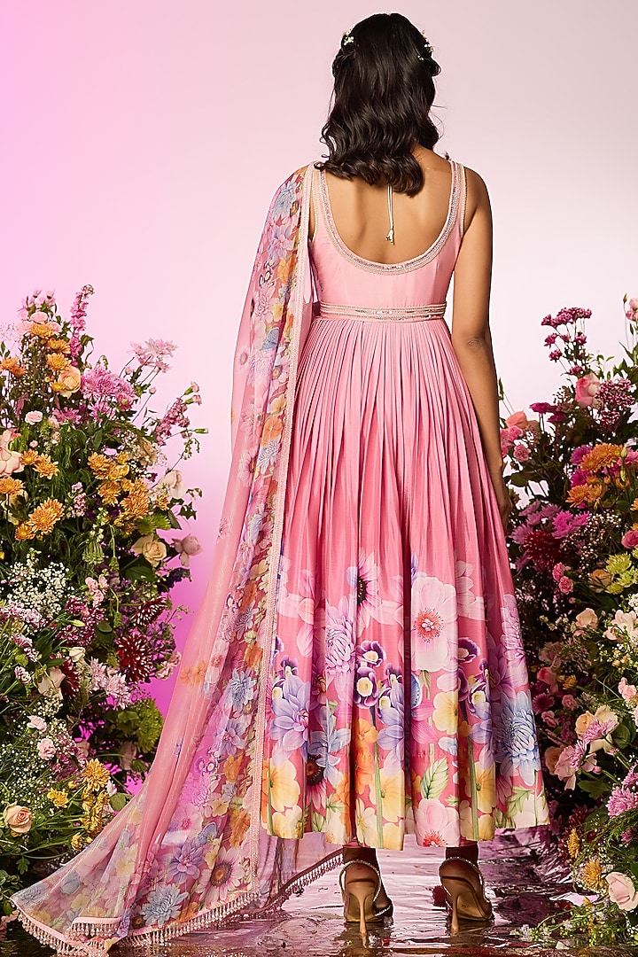 Pink Chinon Chiffon Floral Printed & Embellished Wedding Anarkali Set by LABEL PRIYANKA KAR at Pernia's Pop Up Shop