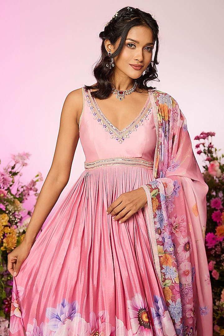 Pink Chinon Chiffon Floral Printed & Embellished Wedding Anarkali Set by LABEL PRIYANKA KAR at Pernia's Pop Up Shop