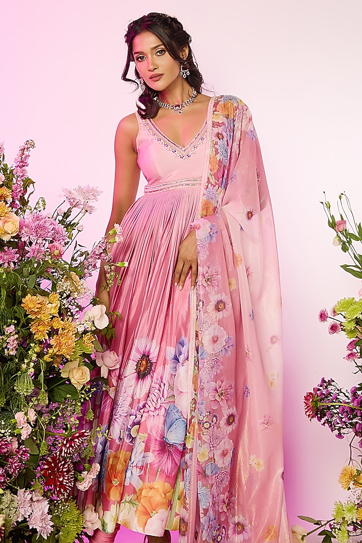 Pink Chinon Chiffon Floral Printed & Embellished Wedding Anarkali Set by LABEL PRIYANKA KAR at Pernia's Pop Up Shop