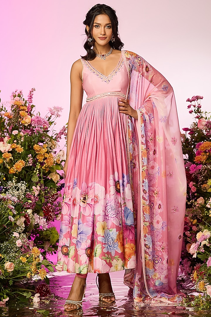 Pink Chinon Chiffon Floral Printed & Embellished Wedding Anarkali Set by LABEL PRIYANKA KAR at Pernia's Pop Up Shop
