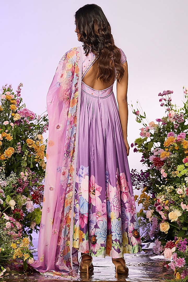 Lavender Chinon Chiffon Floral Printed & Embellished Wedding Anarkali Set by LABEL PRIYANKA KAR at Pernia's Pop Up Shop