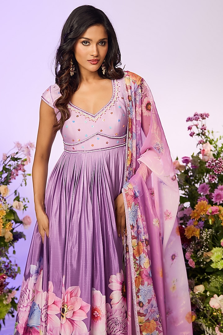 Lavender Chinon Chiffon Floral Printed & Embellished Wedding Anarkali Set by LABEL PRIYANKA KAR at Pernia's Pop Up Shop