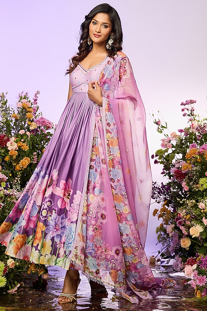 Lavender Chinon Chiffon Floral Printed & Embellished Wedding Anarkali Set by LABEL PRIYANKA KAR at Pernia's Pop Up Shop