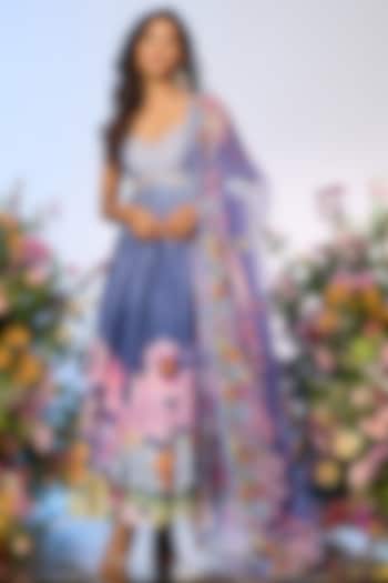 Lilac Blue Chinon Chiffon Printed & Embellished Wedding Anarkali Set by LABEL PRIYANKA KAR at Pernia's Pop Up Shop