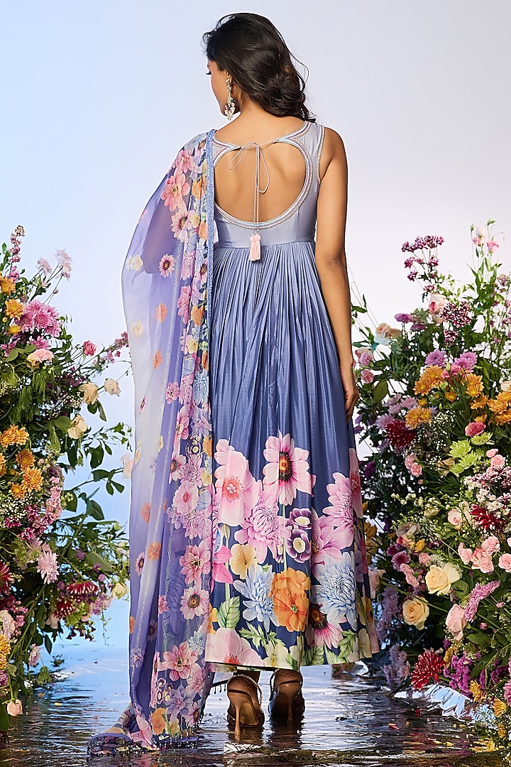 Lilac Blue Chinon Chiffon Printed & Embellished Wedding Anarkali Set by LABEL PRIYANKA KAR at Pernia's Pop Up Shop