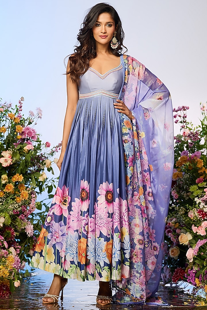 Lilac Blue Chinon Chiffon Printed & Embellished Wedding Anarkali Set by LABEL PRIYANKA KAR at Pernia's Pop Up Shop
