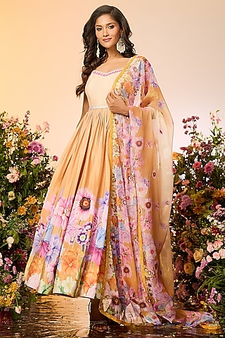 Ochre Yellow Chinon Chiffon Printed & Embellished Anarkali Set by LABEL PRIYANKA KAR